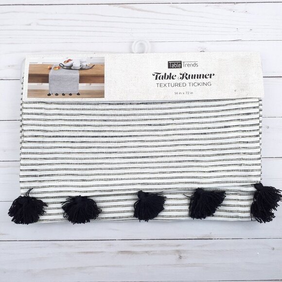 Table Trends Other - Table Runner 14x72 Textured Ticking Black White Stripe Fringe